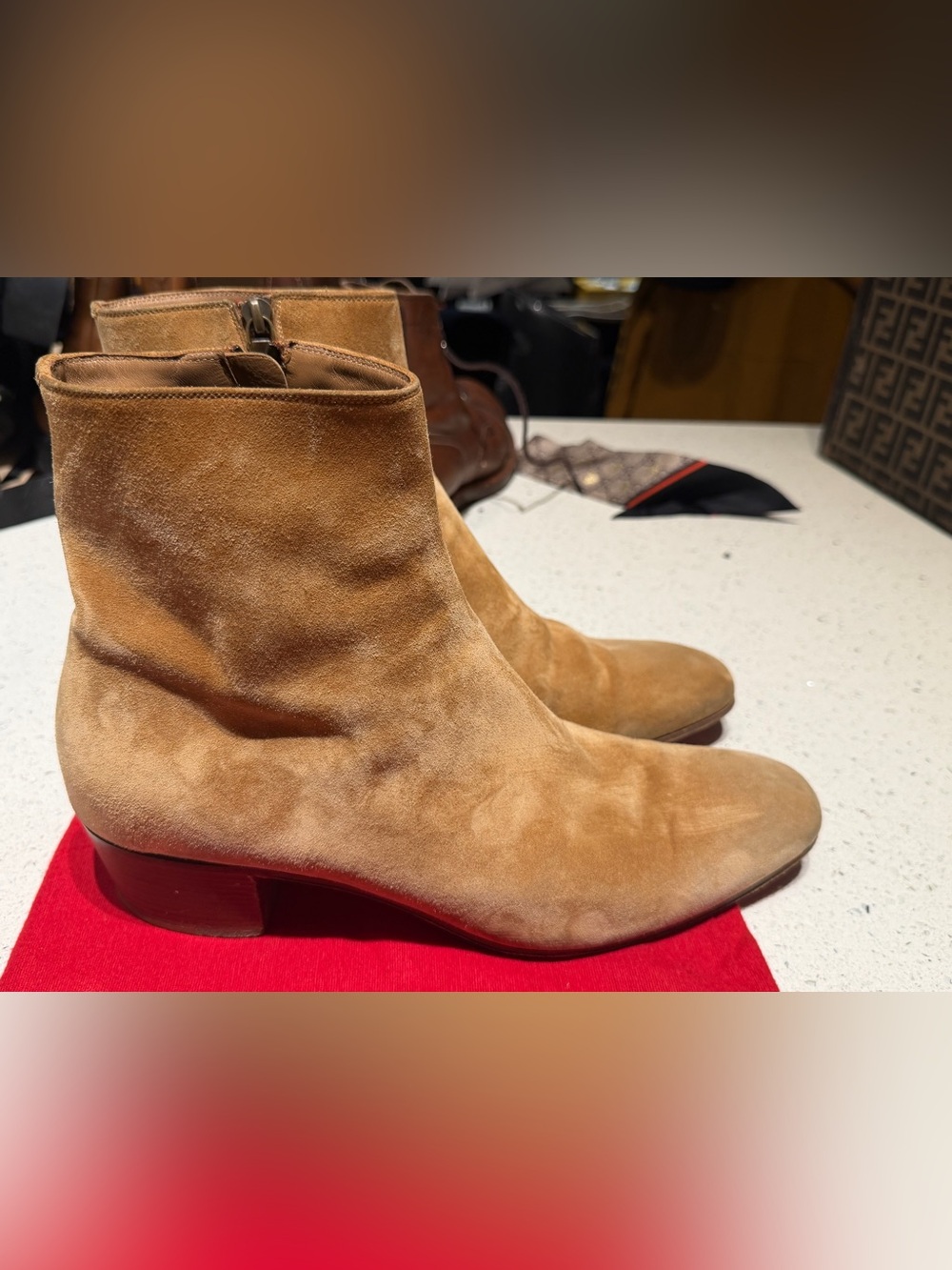 Christian Louboutin Suede Zip Detail Boot in Tan